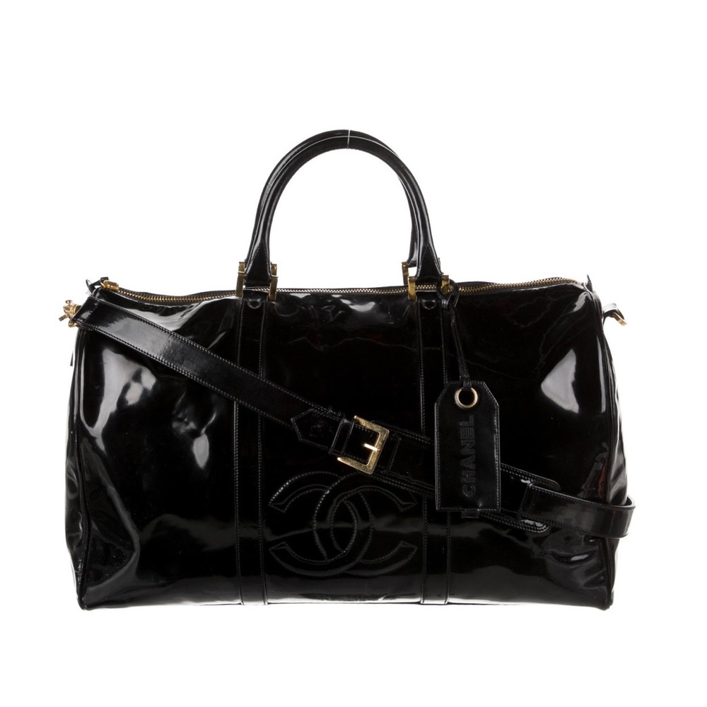 CHANEL Vintage Black Patent Duffle Bag / Weekender